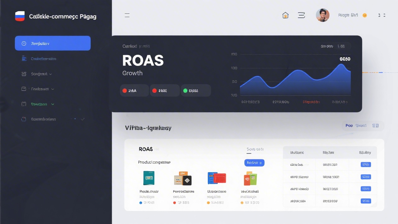 Screenshot style visualization of a Czech e-commerce PPC dashboard showing ROAS growth, product categories, and clean data tables in a realistic analytics interface.
