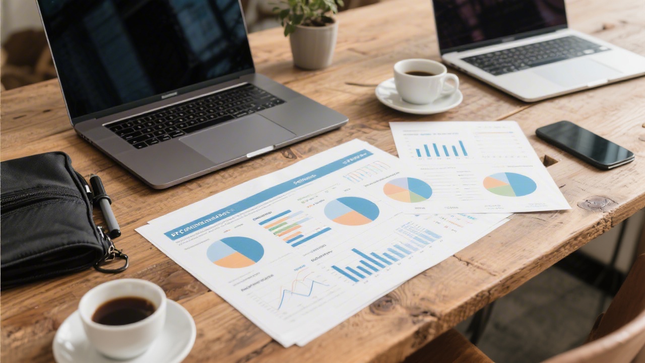 Marketing toolkit with laptops, analytics printouts, and coffee on a wooden table, showing a structured approach to PPC campaign planning and reporting.
